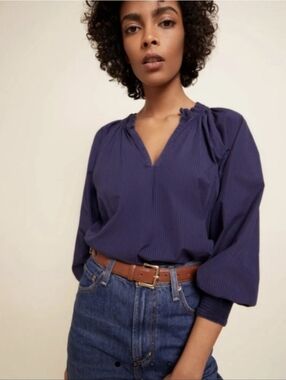 Nation Ltd Estelle Navy Poplin Peasant Striped Blouse With Smocked Cuffs Sz S
